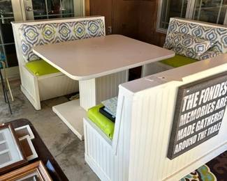 Lovely casual booth, also has storage in the benches