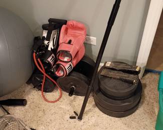 Barbell, weights and boxing gloves