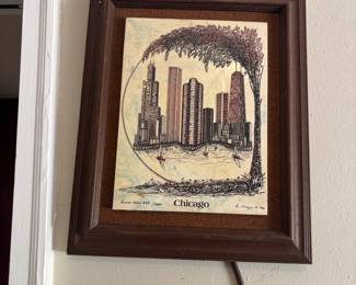 vintage Chicago skyline etching by artist Eugene Andreyev