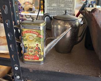 vintage tin tea pot and pewter tea pot