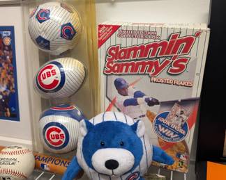 1999 Slammin Sammy's Frosted Flakes collector's box - Rawlings 3 ball sports set, blue teddy bear Cubs