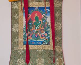 Vintage Green Tara Thangka Tibetan Buddhist painting with a green silk brocade border