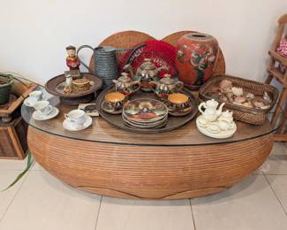 pencil-reed rattan drum coffee table with glass top - LOTS OF DECOR, fine China, tea sets, asian artwork and more crystals 
