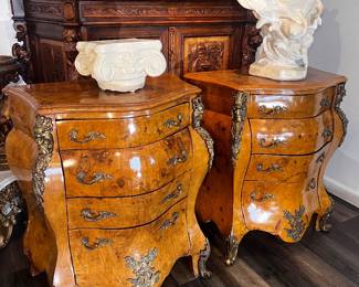Pair Burlwood Bombe Commode Nightstands
