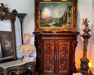 Rococo Pier Mirror, Ornate Mirror Console,  Renaissance Revival Carved Cabinet, Marie Antionette Bust, Antique Venice Oil painting in Ornate Gilded Frame, Marble and Brass Pedestal, Cherub Sculpture 