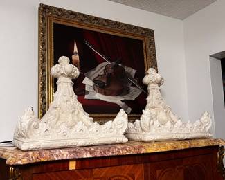 Rococo Wall Shelves, Violin Still Life Painting in Ornate Frame, Antique Louis XV Cupboard