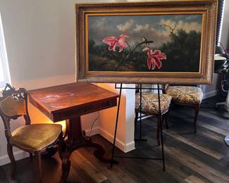 French Carved Chair, Hummingbird Landscape Painting