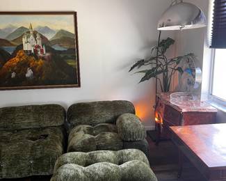Olive Green Mario Bellini Style Sectional, Castle Painting