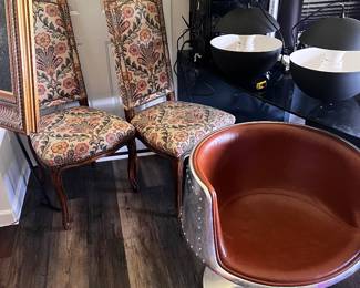 Space Age Swivel Chair, Pair French Upholstered Chairs, Black Glass Waterfall Curved Modern Executive Desk, Brutalist, Mid Century, 70s