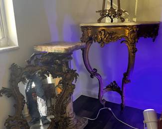 Baroque Brass Mirror, Green Onyx Pillar, Antique French Console, Gilt, Plaster, Antique , Brass Picture Stand