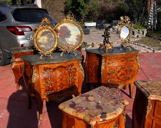 Kingwood, Tulipwood, Green Marble Top, Breccia Marble, Bronze Cherub, Baroque Cherub Mirror
