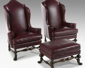 Grand Scale Top Grade Leather Wing Chairs with Ottoman by Palmer House