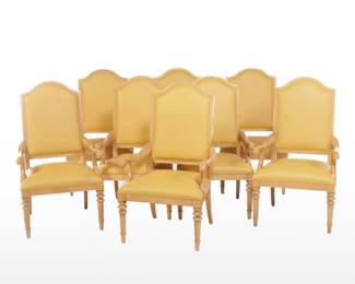 Stunning set of leather dining chairs with contrasting designer fabric backs