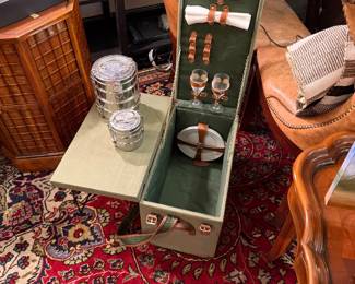 Rare English Picnic Basket with fold out table flanked by Ralph Lauren Dining Chairs! 