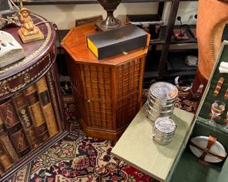Leather Clad & Wood Side Tables by Maitland Smith setting on a fine Oriental Rug!
