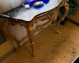 Pair of Gold Gilt Carved Wood Console Tables with Verdi Marble Tops