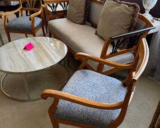 A Fine Collection of Biedermeier Furniture  with FORTUNY and other designer fabrics! Circa 1820-1840 properly restored! Shown with a modern coffee table on a custom Hokusai rug!