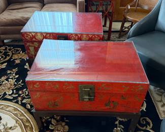 Antique Pig Skin Trunks on custom fit  stands with form fit cut glass tops  now used as coffee or side tables!