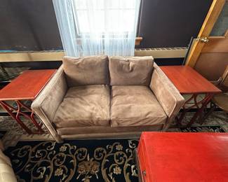 Suede Leather Loveseat flanked by a pair of McGuire Tables on a palace size rug