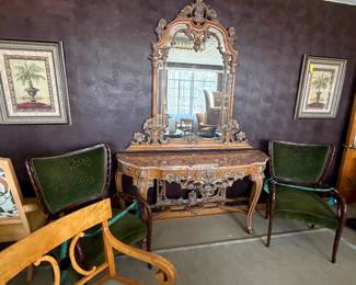 Grand Console Table with Mirror flanked by Two Exceptional Rosewood Carved Chairs in the original Green Velvet from the Klosterman Estate in Cincinnati Ohio! 