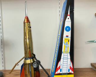 Vintage Tin Lithographed "Holdraketa" Rocket Toy with Box