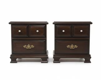 Dark Wood Nightstands with Brass Pulls