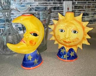 Ceramic Sun and Moon Candlestick Holders - Mexican Talavera Style