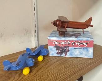 Wooden Biplane Model with Box "The Spirit of Flying" and Blue Plastic Toy Airplanes