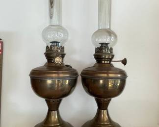 Brass Oil Lamps with Glass Chimneys