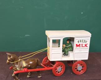 Cast Iron "FRESH MILK" Milk Wagon Toy with Horse and Milkman