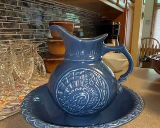 Vintage McCoy Pottery Blue Turkey Pitcher and Bowl Set