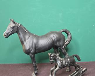 Vintage Cast Iron Horse Figurine and Rocking Horse Toy