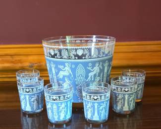 Jeannette Hellenic Blue Glass Ice Bucket and Tumbler Set