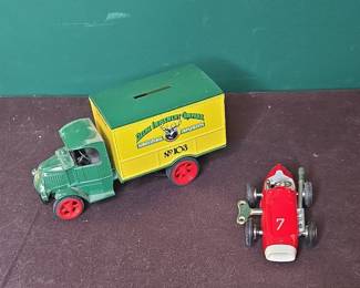 Ertl "Deere Implement Company" 1926 Mack Bulldog Truck Bank and Tootsietoy Race Car