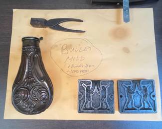 Ornate Powder Flask with Bullet Molds and Tongs