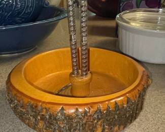 Vintage Ellwood Rusticware Wooden Nut Bowl with Integrated Nutcracker