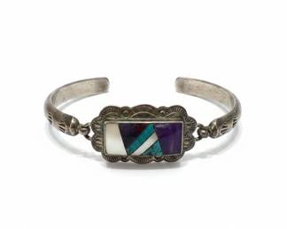 Vintage Sterling Silver Taxco Multi-Gem Inlay Bangle Bracelet