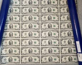 Full Uncut Sheet of $2 Bills