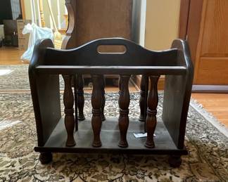 Vintage Dark Stained Wood Magazine Rack with Turned Spindles