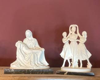 White Marble Pieta Figurine and Three Graces Figurine on Marble Bases