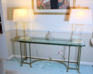 MCM Brass & Glass Sofa Table, Pair of Restoration Hardware Crystal Lamps, Baccarat Vase