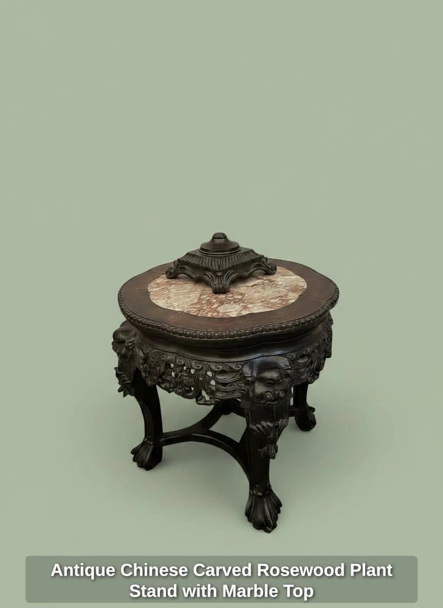 Antique Chinese Carved Rosewood Plant Stand with Marble Top