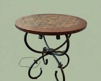Round Copper Top Side Table with Wrought Iron Base