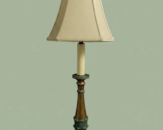 Vintage Brass and Green Patina Candlestick Table Lamp with Fabric Shade