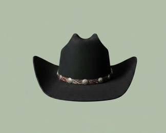 Black Wool Felt Cowboy Hat with Feather and Concho Band