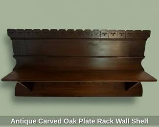 Antique Carved Oak Plate Rack Wall Shelf