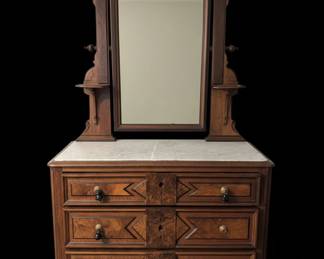 Victorian Eastlake Walnut Dresser with Marble Top and Mirror