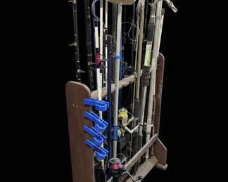 Assorted Fishing Rods and Reels with Wooden Rack
