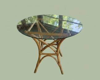 Vintage Rattan Dining Set with Glass Table and Striped Cushions