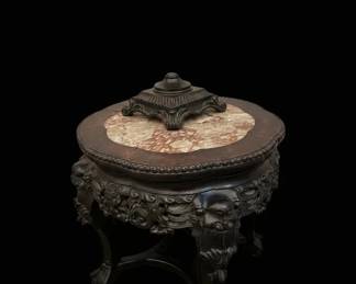 Antique Chinese Carved Rosewood and Marble Top Pedestal Table